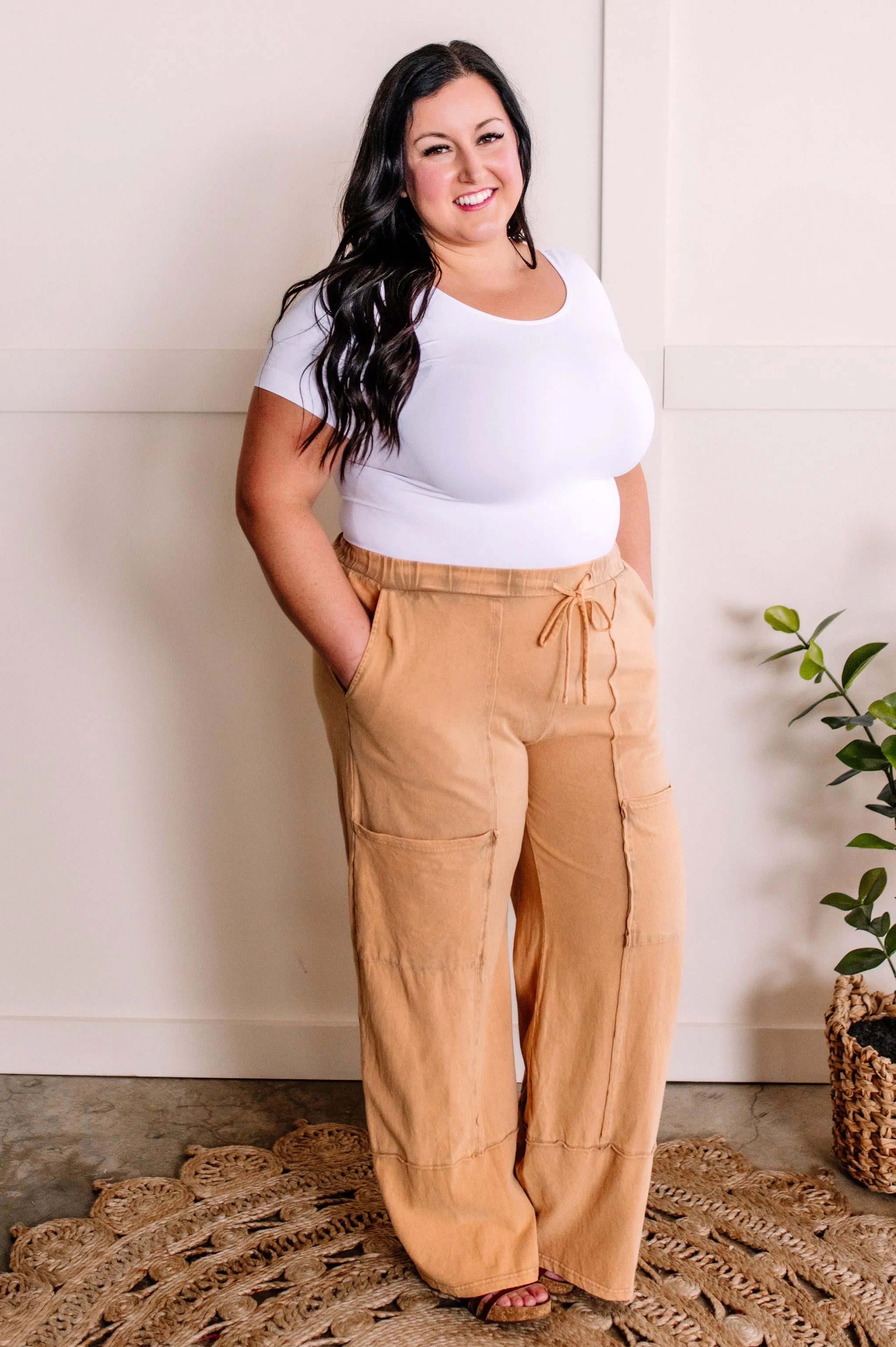 1.17 Soft, Wide Leg Cargo Pants With Pockets In Muted Marigold