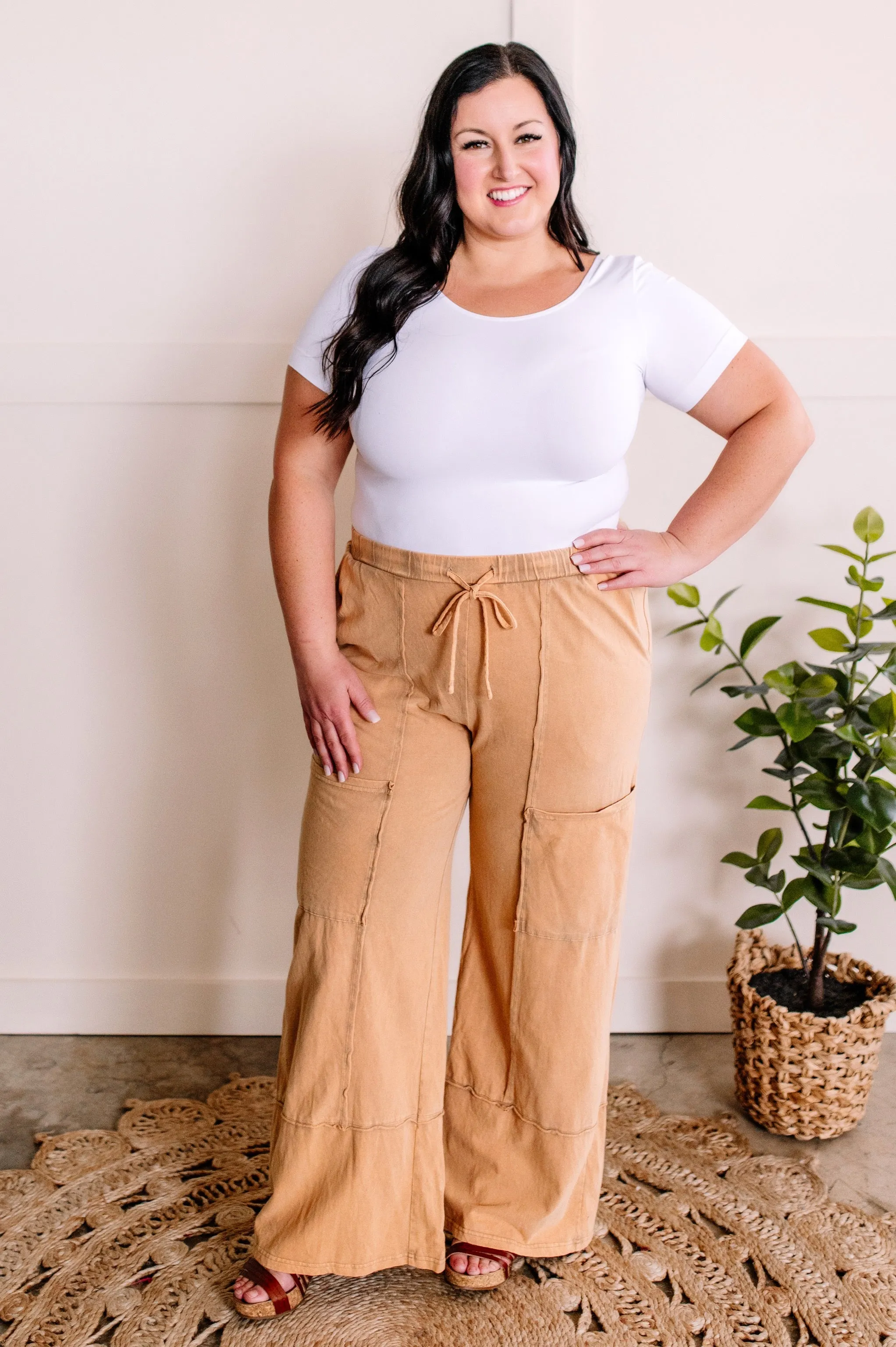 1.17 Soft, Wide Leg Cargo Pants With Pockets In Muted Marigold