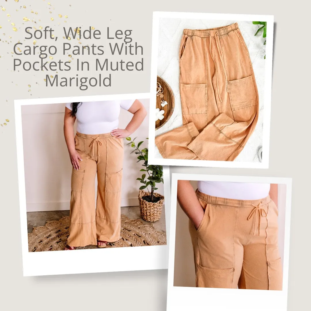 1.17 Soft, Wide Leg Cargo Pants With Pockets In Muted Marigold