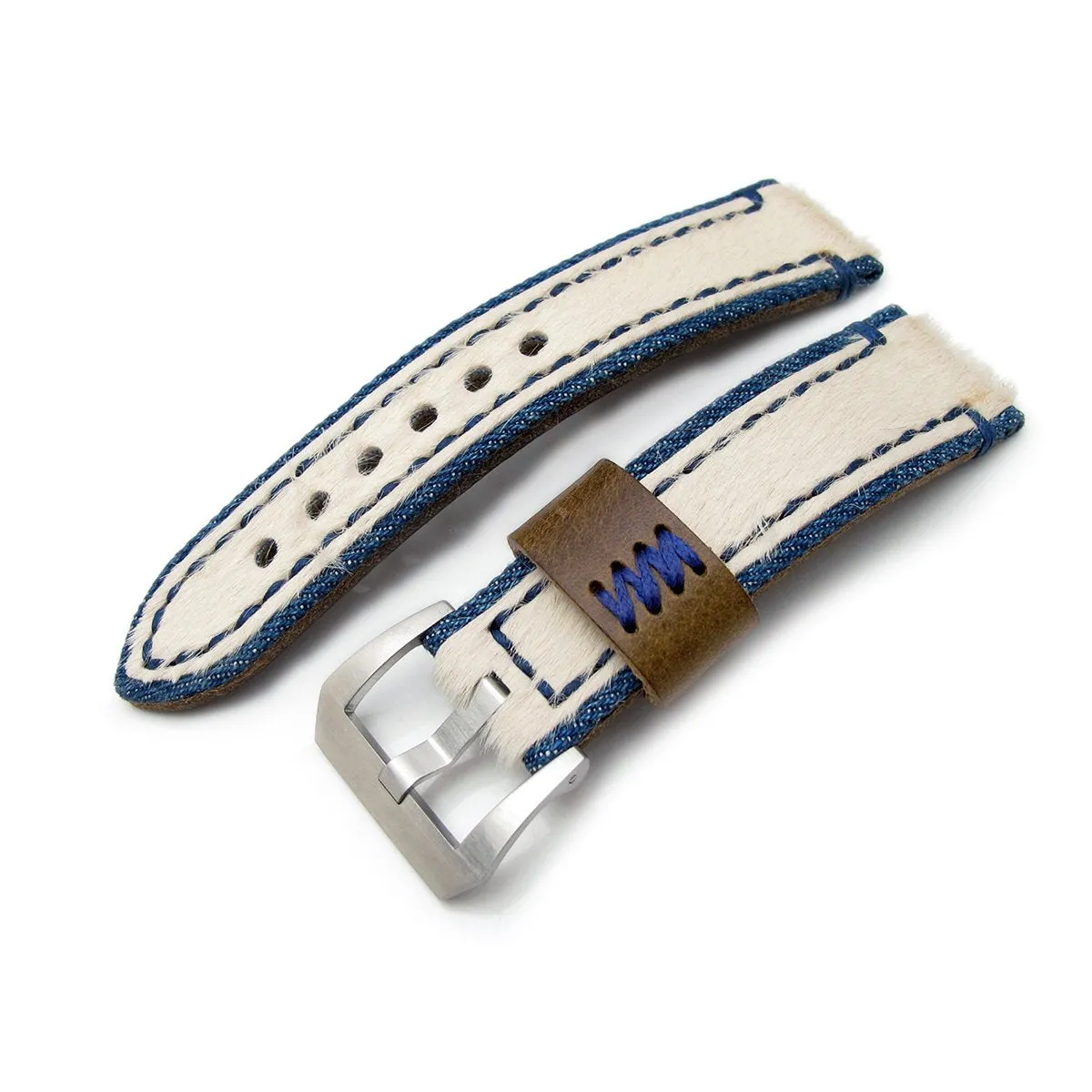 24mm MiLTAT Zizz Collection Beige Fur & Denim Watch Strap Blue Wax Hand Stitching