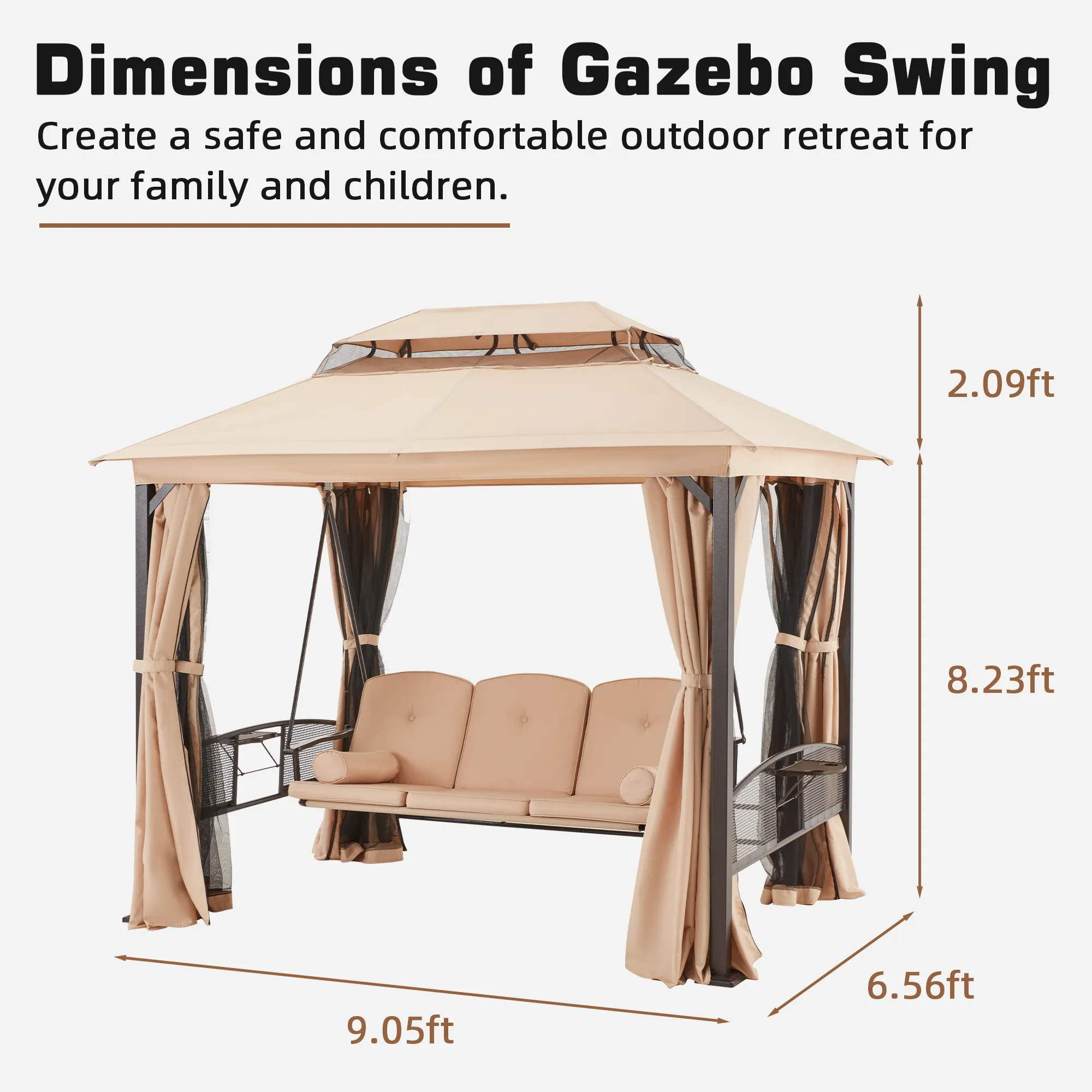 3-Seat Outdoor Gazebo Swing Chair with Canopy and Curtains, Khaki