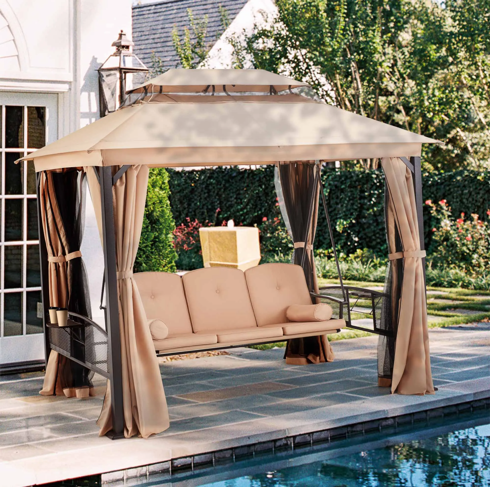 3-Seat Outdoor Gazebo Swing Chair with Canopy and Curtains, Khaki