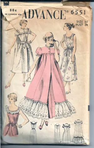 Advance 6551 Ladies Nightgown Robe Lingerie Vintage Sewing Pattern 1950s