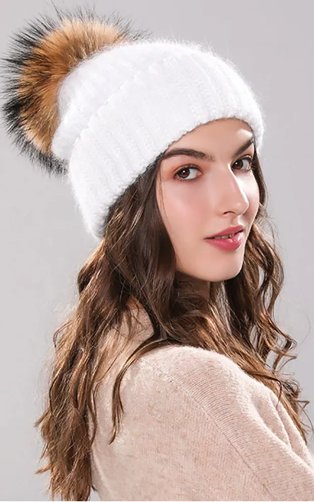 AHR3 Rich Angora Wool Real Raccoon Fur Pom Pom Hat