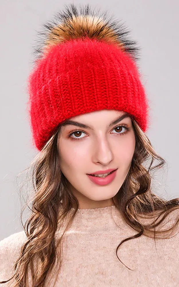 AHR3 Rich Angora Wool Real Raccoon Fur Pom Pom Hat