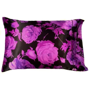 Black with Lavender Roses Satin Pillowcase. Washable, Dryer Safe.