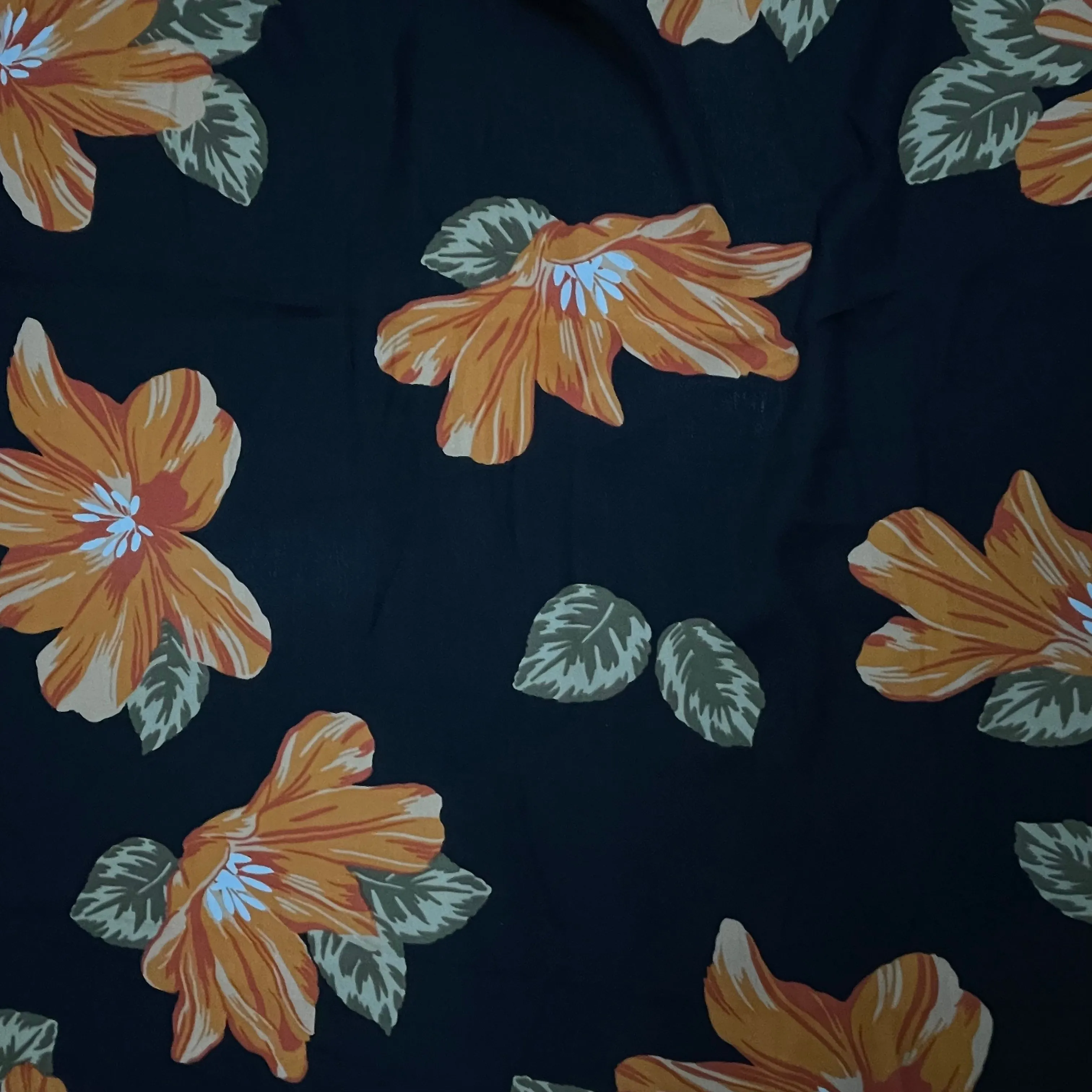 Black With Orange Floral Crepe Fabric