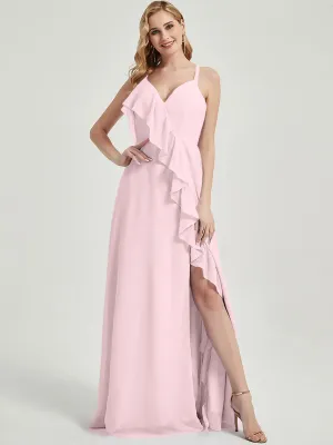 Blush Criss-Cross Straps Ruffles Slit Chiffon Maxi Bridesmaid Dress