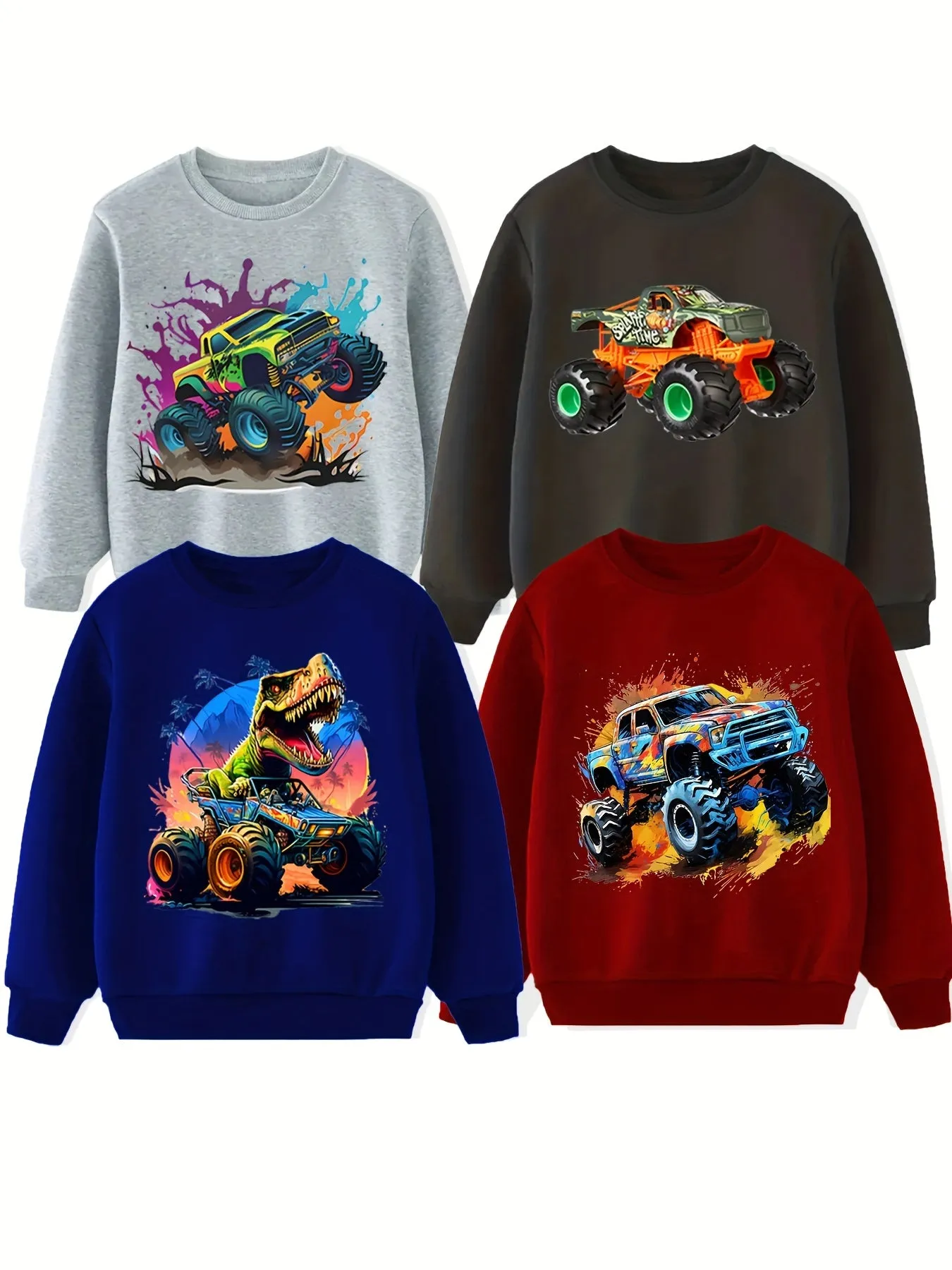 Boys’ 4-Pack Off-Road Truck Sweatshirts – Cool & Lightweight for Spring and Fall”