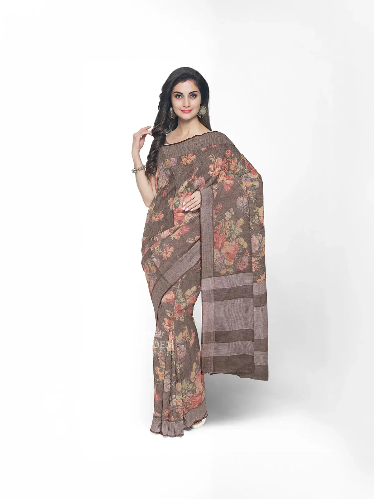 Brown Chanderi Cotton Saree with Floral Prints on the body and Zari Border