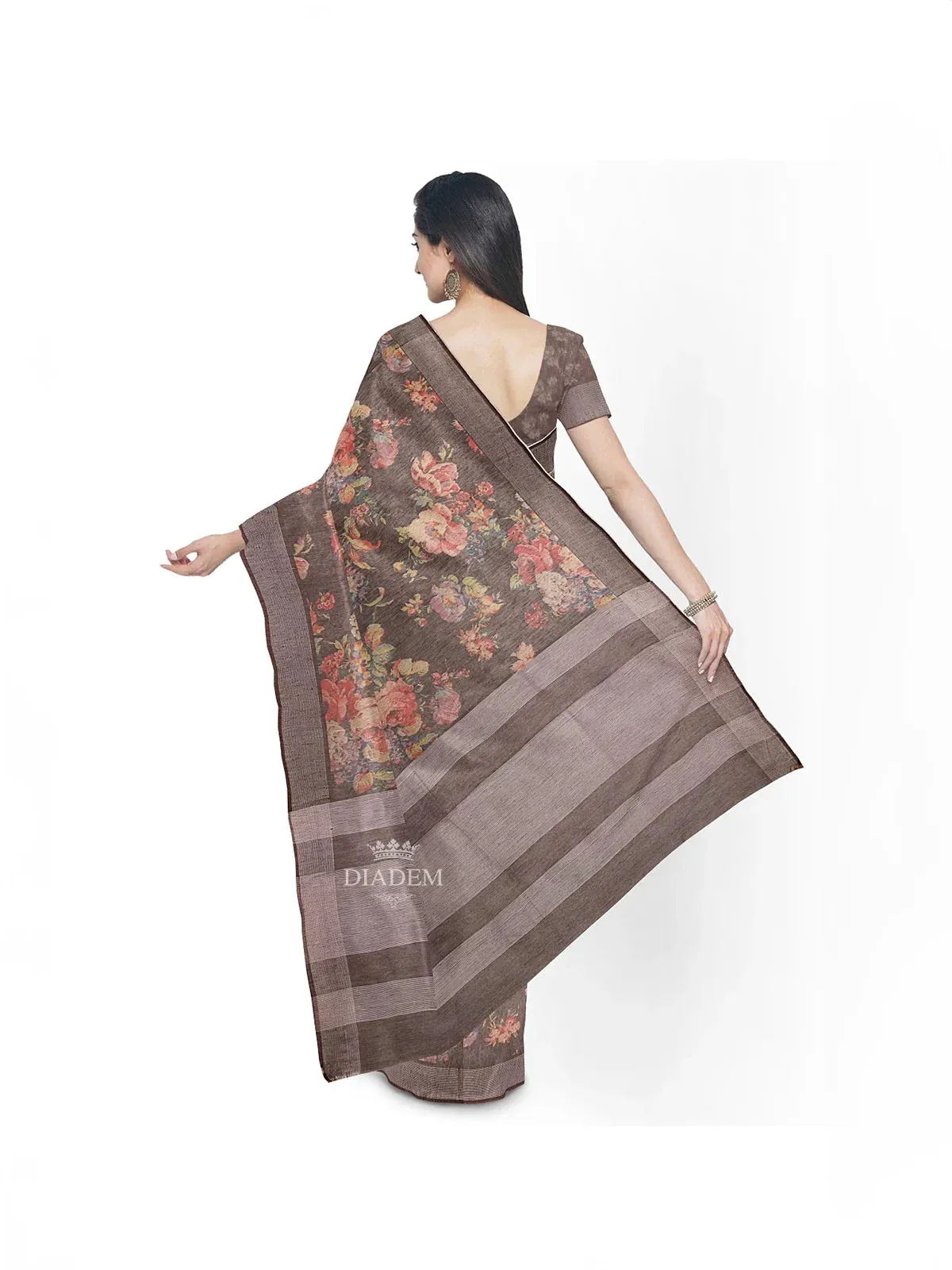 Brown Chanderi Cotton Saree with Floral Prints on the body and Zari Border