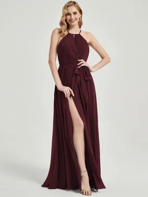 Burgundy Halter Neck Slit Wrap Chiffon Bridesmaid Dress Floor Length