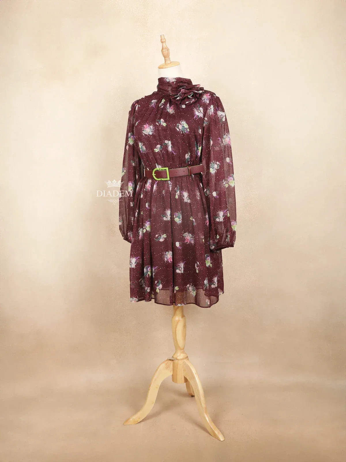 Burgundy Short Kurti Top Adorned with Printed Dot and Floral Design with Waist Belt