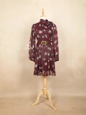 Burgundy Short Kurti Top Adorned with Printed Dot and Floral Design with Waist Belt