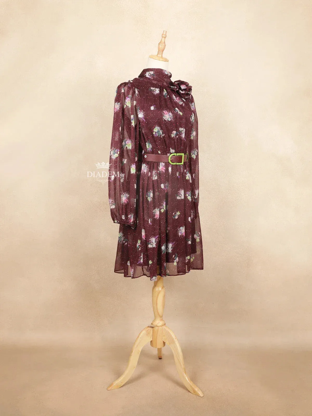 Burgundy Short Kurti Top Adorned with Printed Dot and Floral Design with Waist Belt