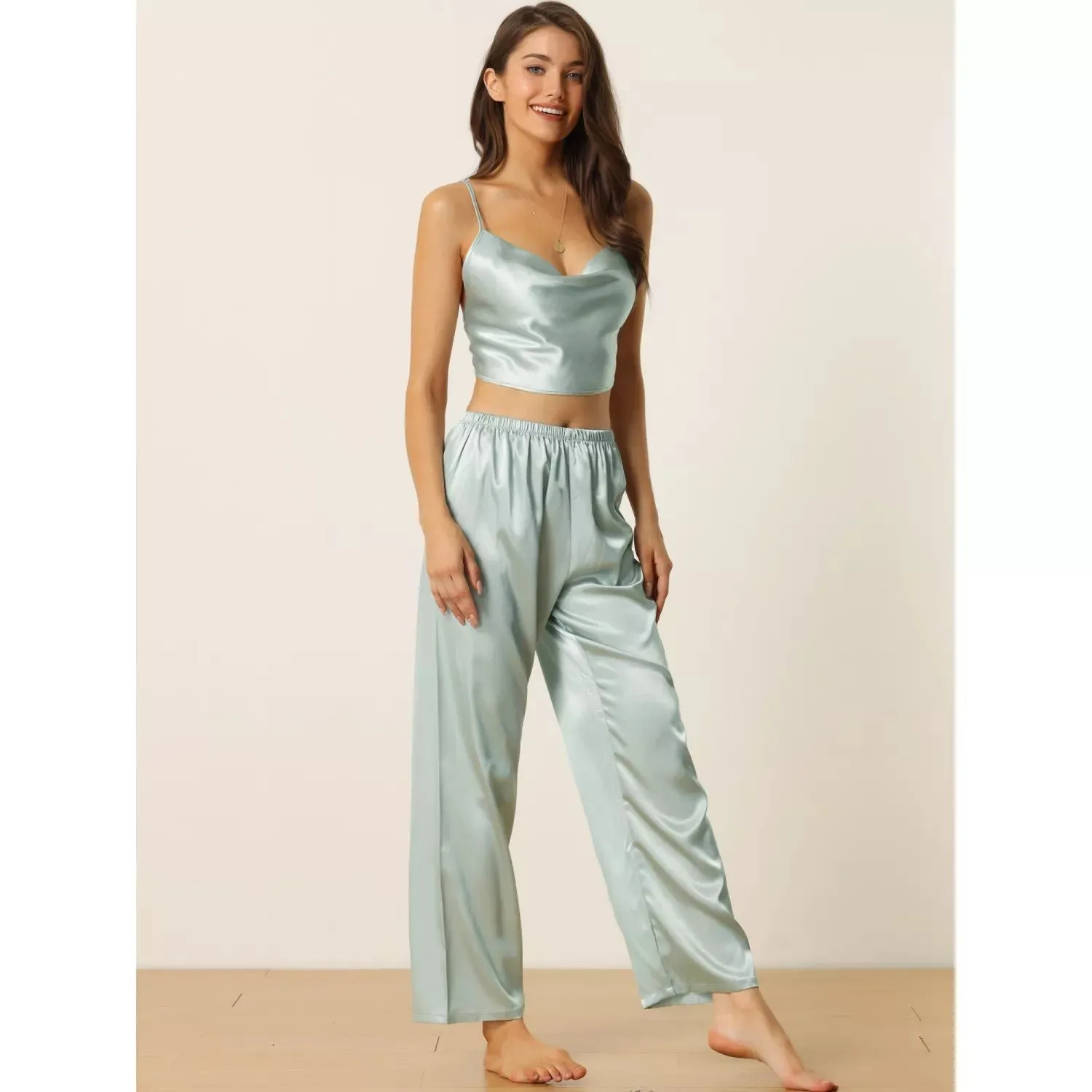 Cheibear, women's satin cowl-neck pajamas cropped sleeveless spaghetti straps with pants sleek cheibear lounge set, blue