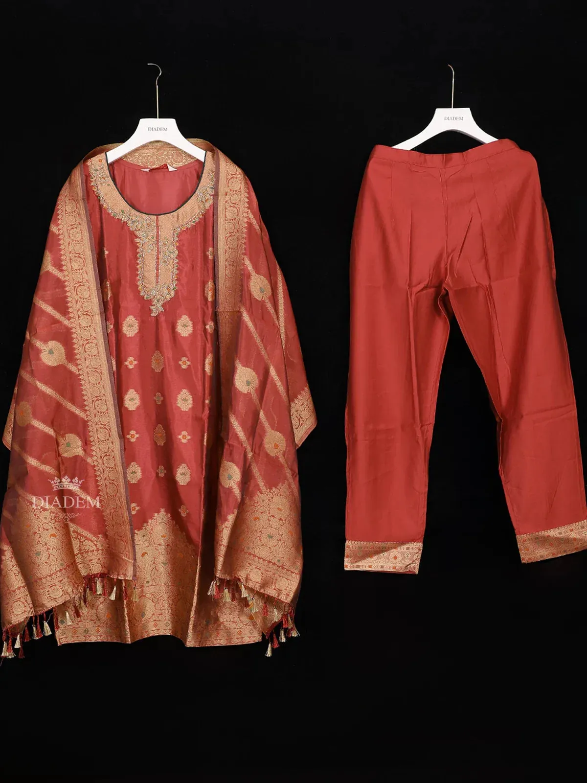 Coral Red Semi Banaras Straight Cut Salwar Suit Adorned with Floral Prints and Embroidery paired with Dupatta