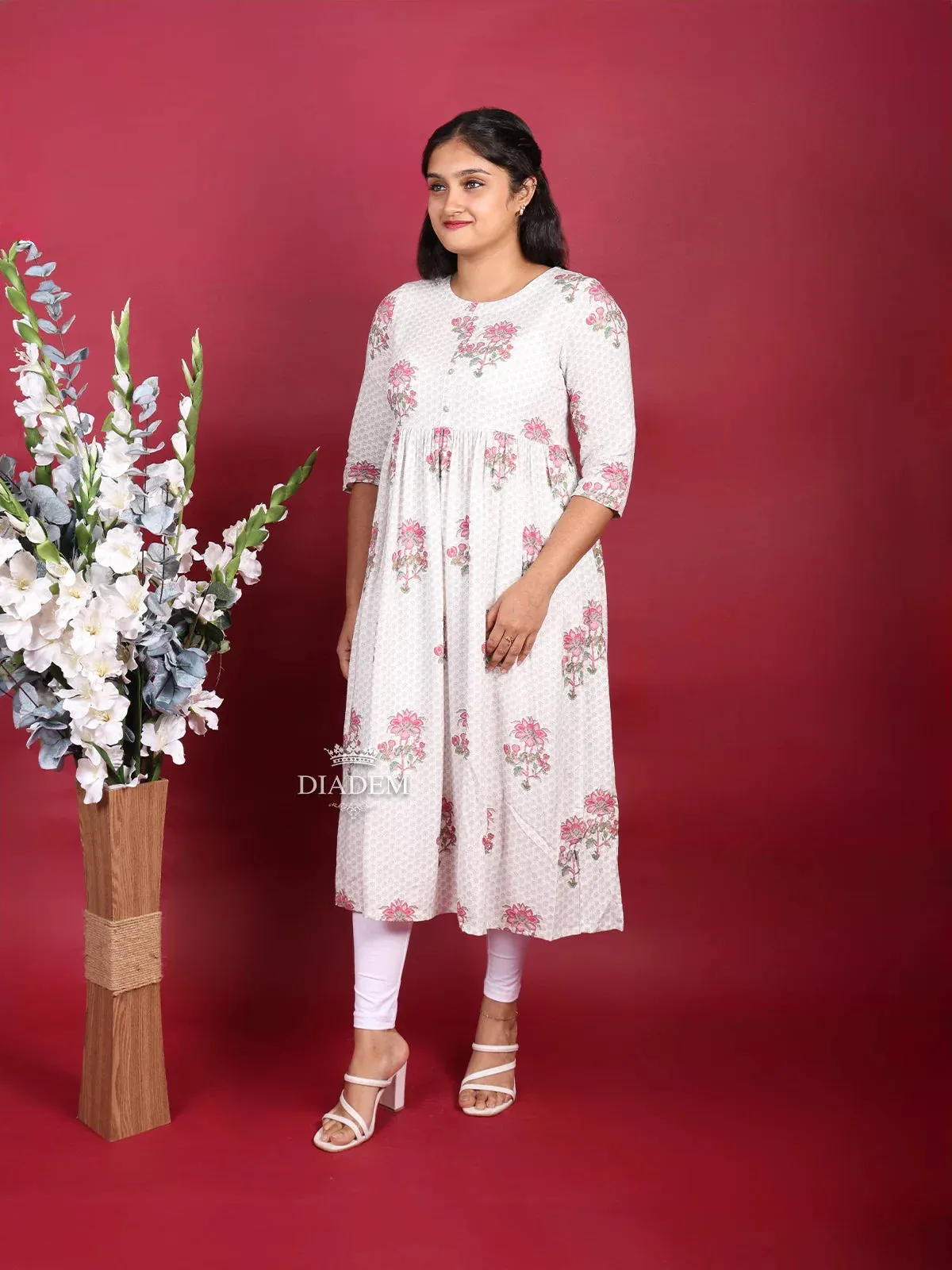 Cream Cotton Kurti Top Adorned with Floral Prints