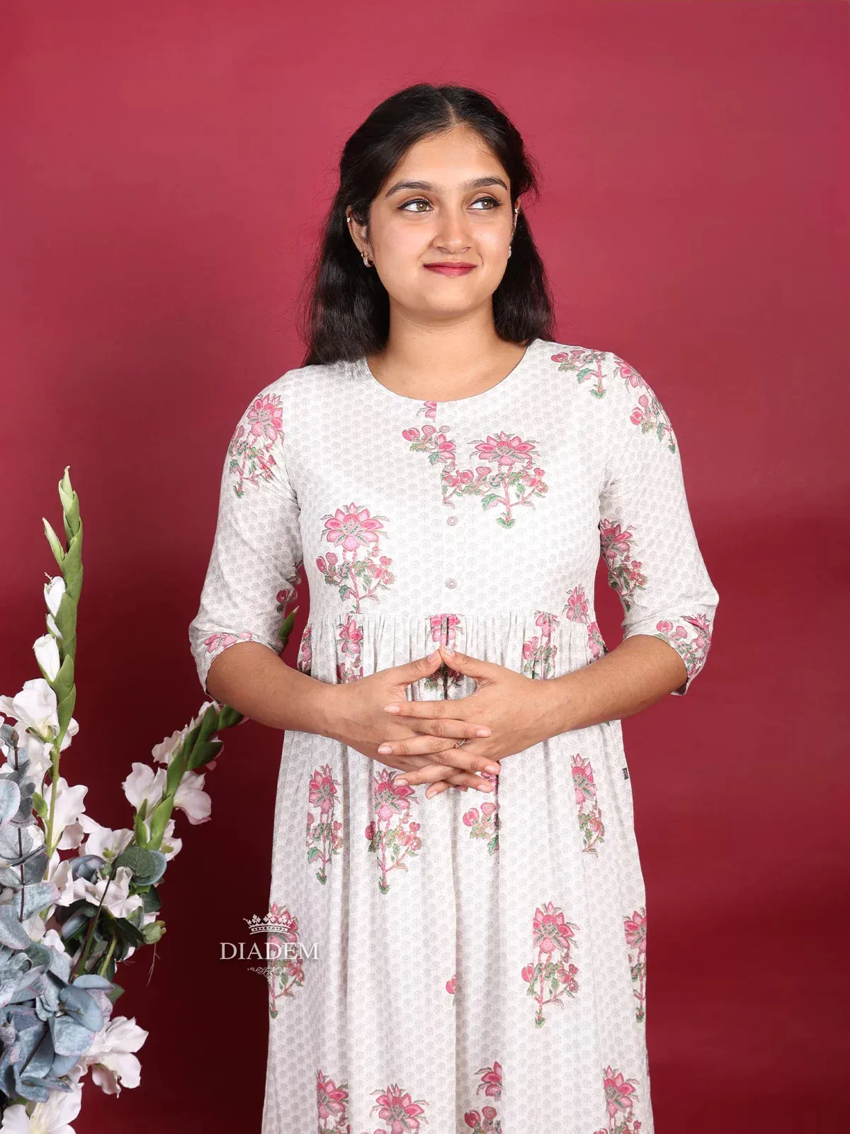 Cream Cotton Kurti Top Adorned with Floral Prints