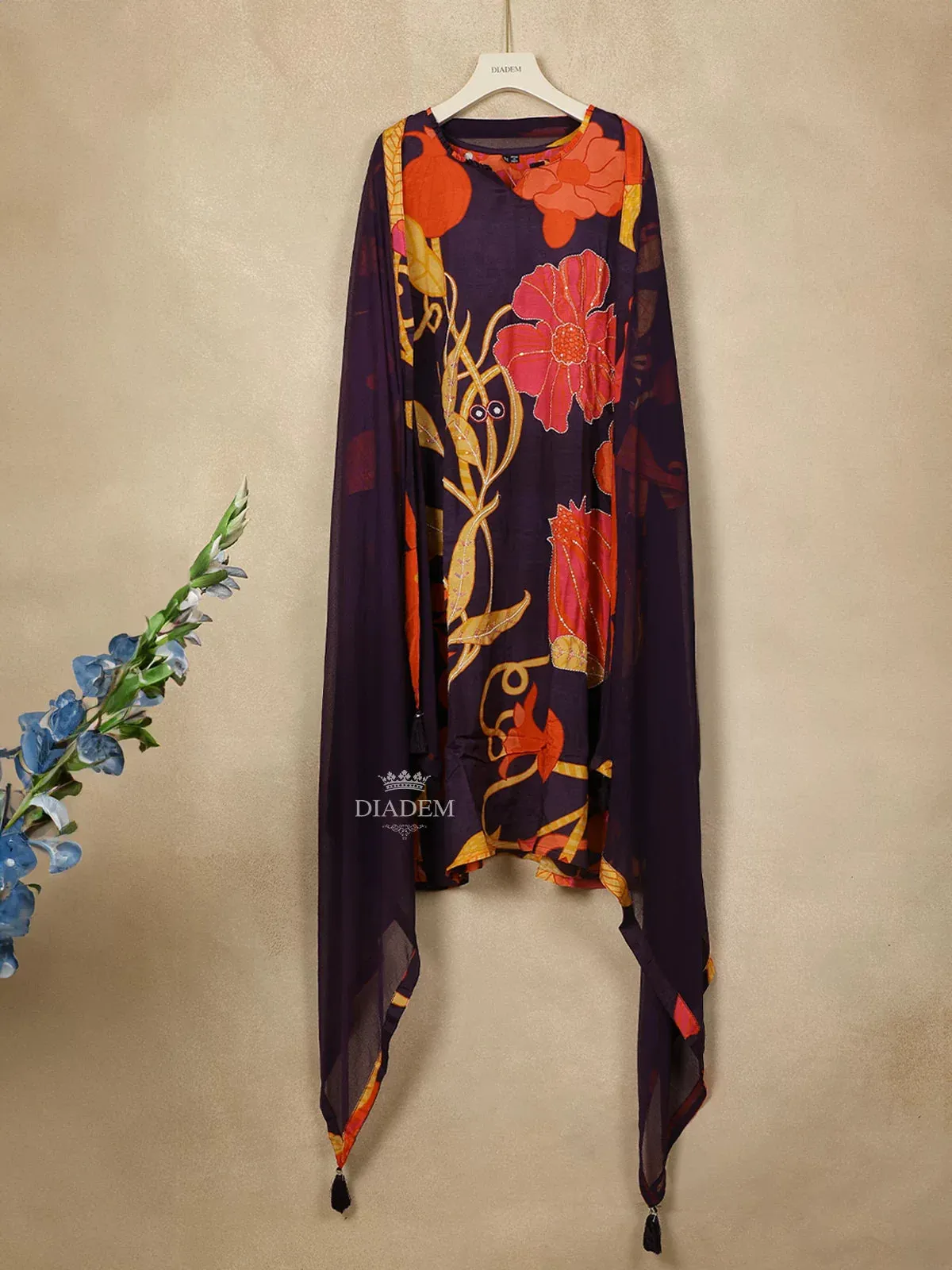 Dark Blue Crepe Straight Cut Salwar Suit Adorned with Flower prints, Paired with Dupatta