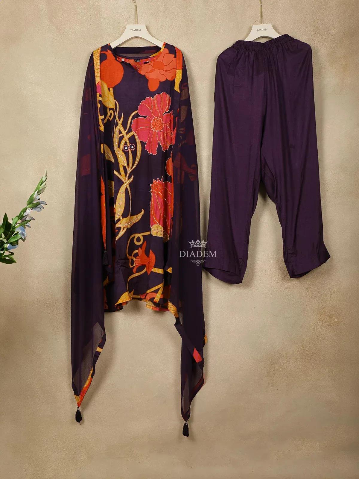 Dark Blue Crepe Straight Cut Salwar Suit Adorned with Flower prints, Paired with Dupatta