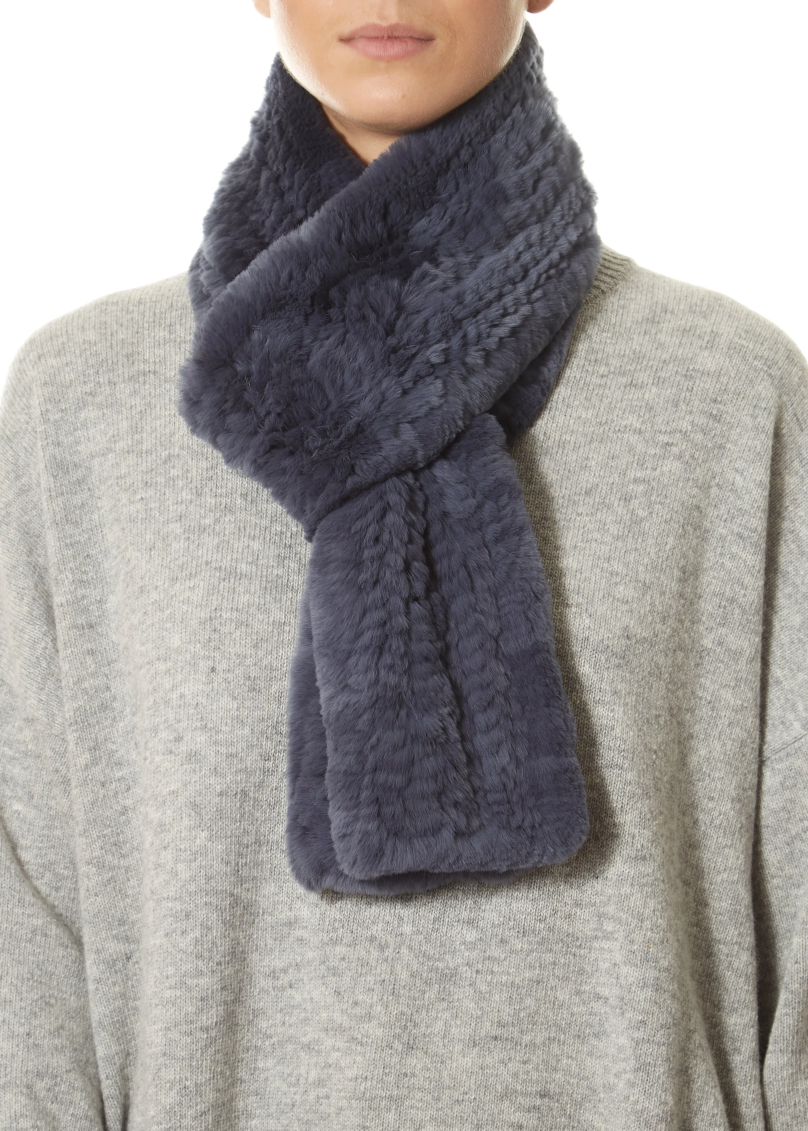 Dark Denim Blue Open Real Rex Rabbit Fur Scarf