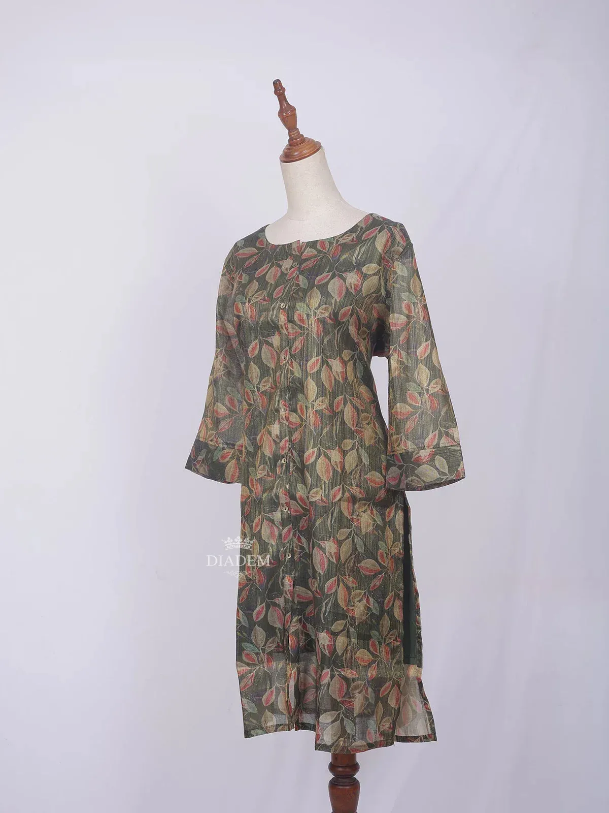 Dark Green Cotton Kurti Top Adorned with Floral Prints without Dupatta