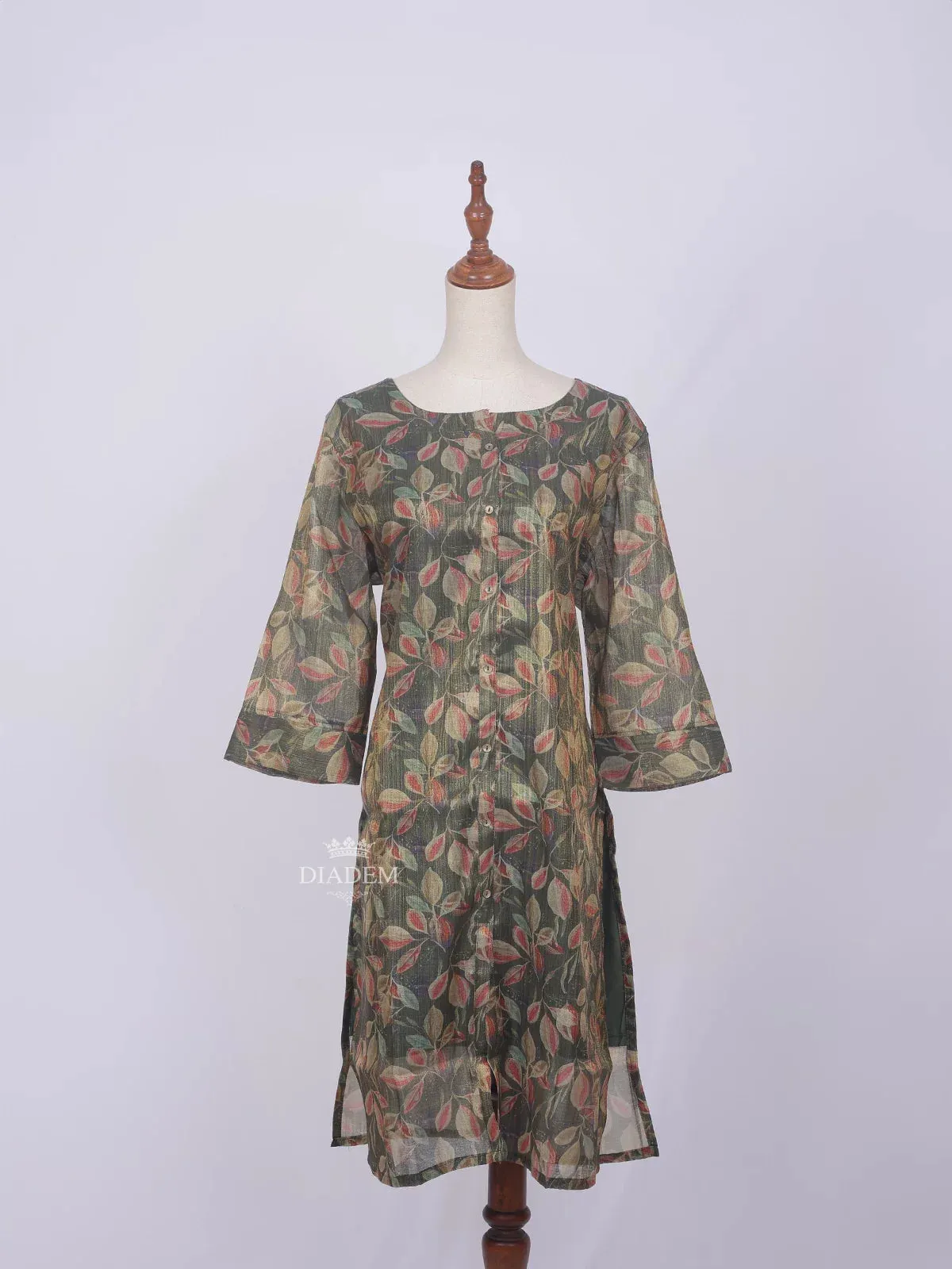 Dark Green Cotton Kurti Top Adorned with Floral Prints without Dupatta