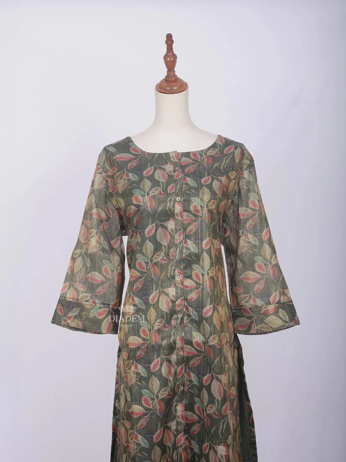 Dark Green Cotton Kurti Top Adorned with Floral Prints without Dupatta