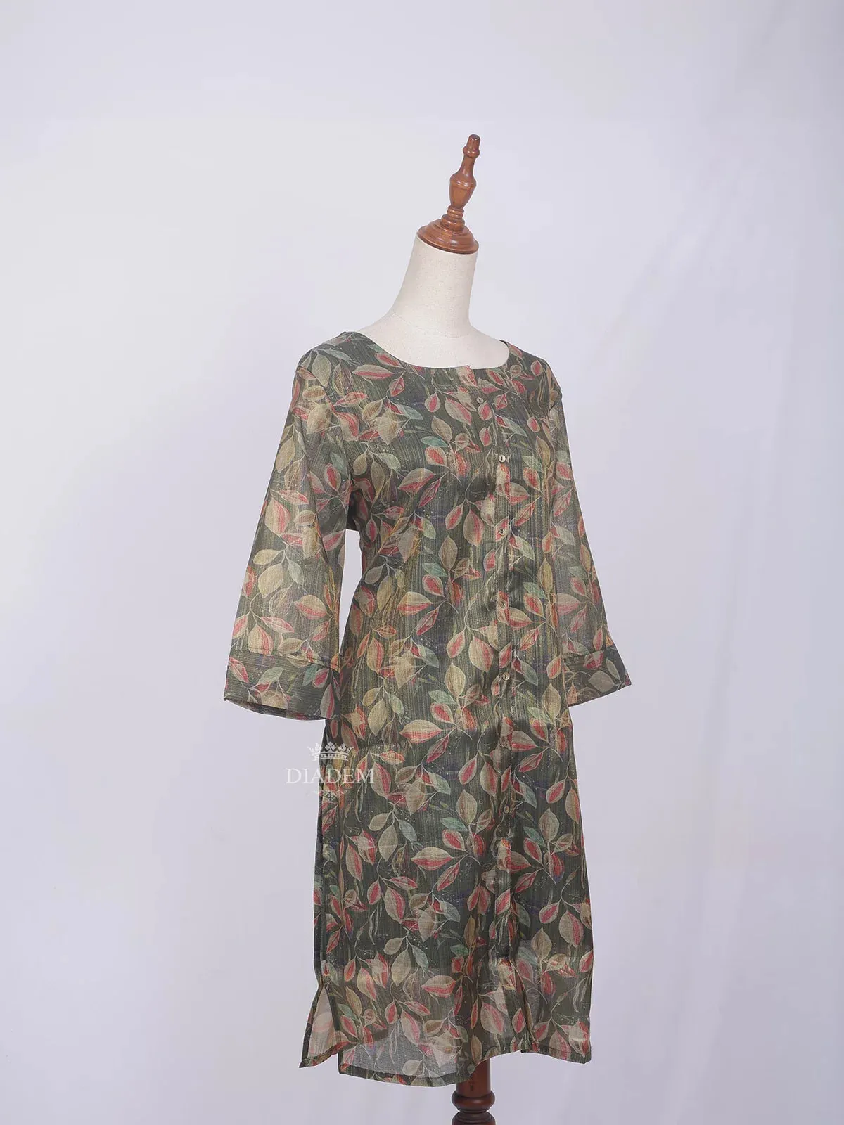 Dark Green Cotton Kurti Top Adorned with Floral Prints without Dupatta