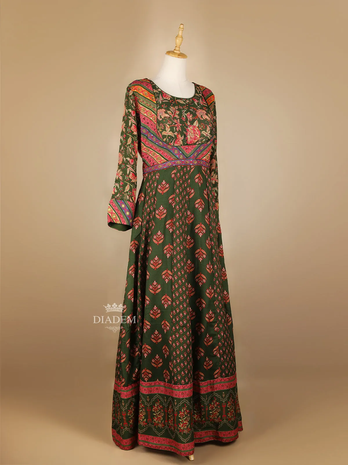 Dark Green Floral Printed Gown and Dupatta