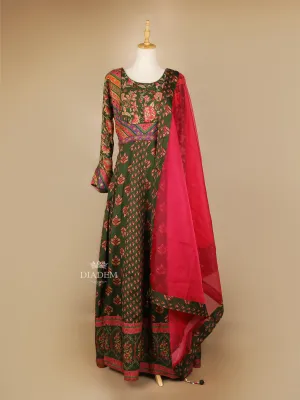 Dark Green Floral Printed Gown and Dupatta