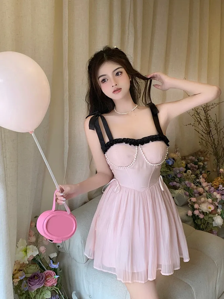 deanwangkt New Summer Dress French Style Princess Straps Dress High Waist Thin Pink Sweet Short Fairy Dress Female Sundress Bestidos