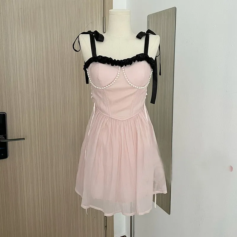 deanwangkt New Summer Dress French Style Princess Straps Dress High Waist Thin Pink Sweet Short Fairy Dress Female Sundress Bestidos