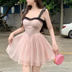 deanwangkt New Summer Dress French Style Princess Straps Dress High Waist Thin Pink Sweet Short Fairy Dress Female Sundress Bestidos