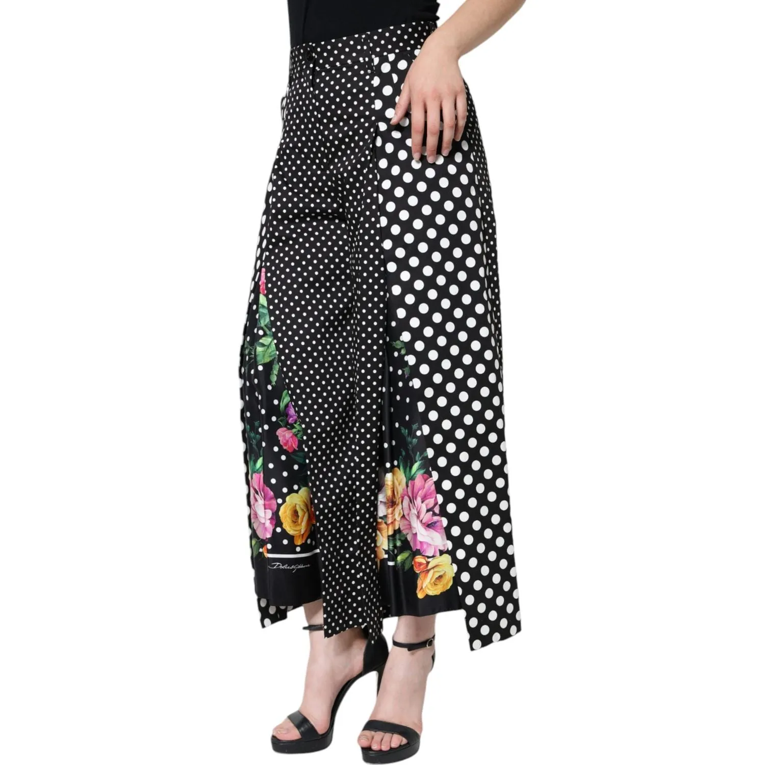 Dolce & Gabbana Black Patchwork High Waist Wide Leg Pants