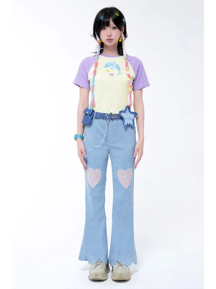 Dopamine Thin Corduroy Love Collage Blue Petal Flared Pants【s0000006564】