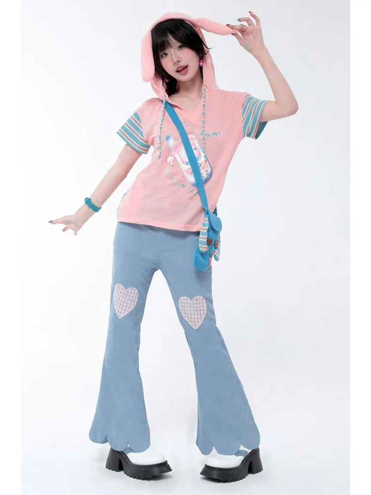 Dopamine Thin Corduroy Love Collage Blue Petal Flared Pants【s0000006564】