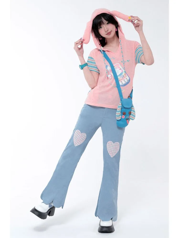 Dopamine Thin Corduroy Love Collage Blue Petal Flared Pants【s0000006564】