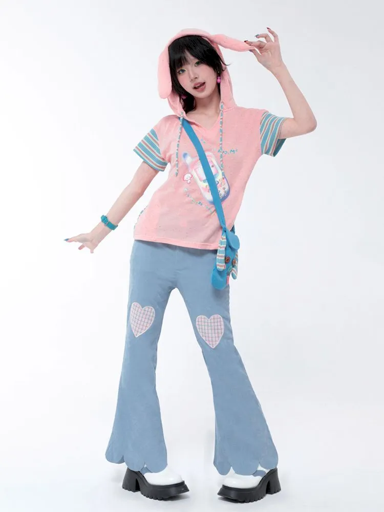 Dopamine Thin Corduroy Love Collage Blue Petal Flared Pants【s0000006564】