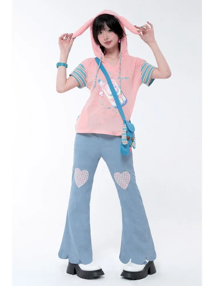 Dopamine Thin Corduroy Love Collage Blue Petal Flared Pants【s0000006564】