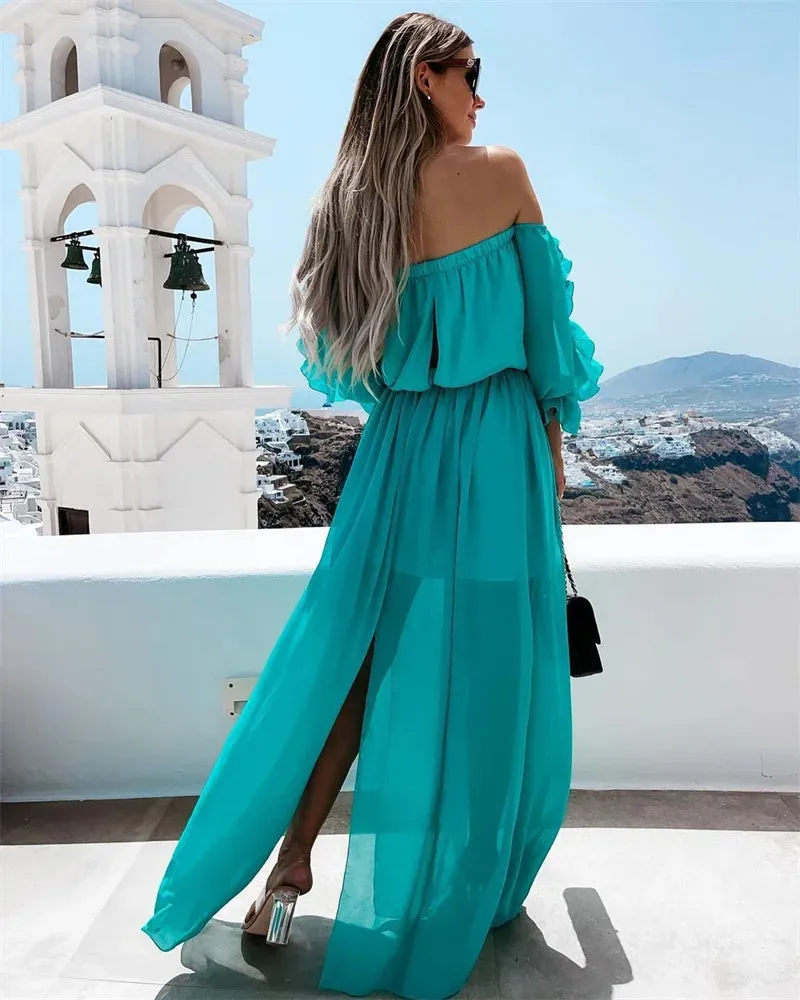 DressBetty - 2024 Off Shoulder Chiffon Dress with Solid Color Ruffle Beachwear Boho Dress