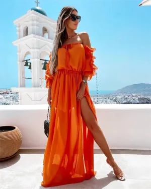 DressBetty - 2024 Off Shoulder Chiffon Dress with Solid Color Ruffle Beachwear Boho Dress