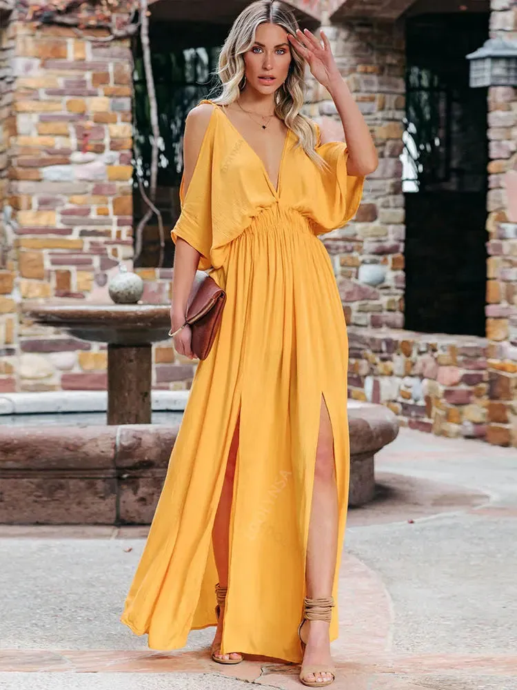 DressBetty - 2024 Off-Shoulder Slit Maxi Boho Beach Dress