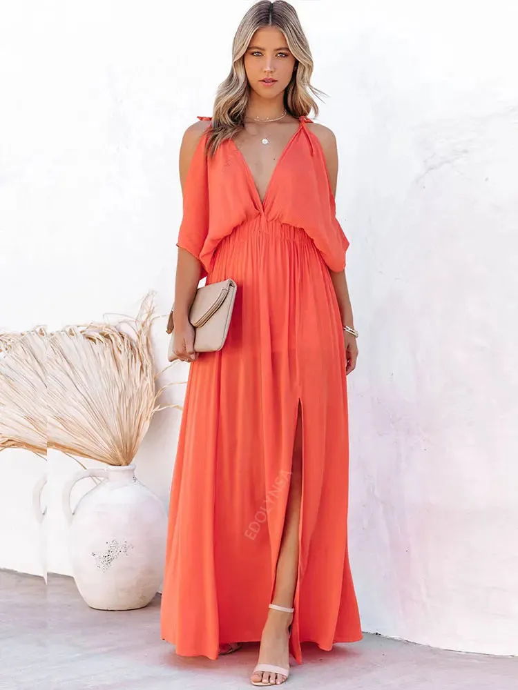 DressBetty - 2024 Off-Shoulder Slit Maxi Boho Beach Dress