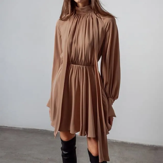 DressBetty - Classic Half High Collar Solid Long-sleeve Chiffon Dresses