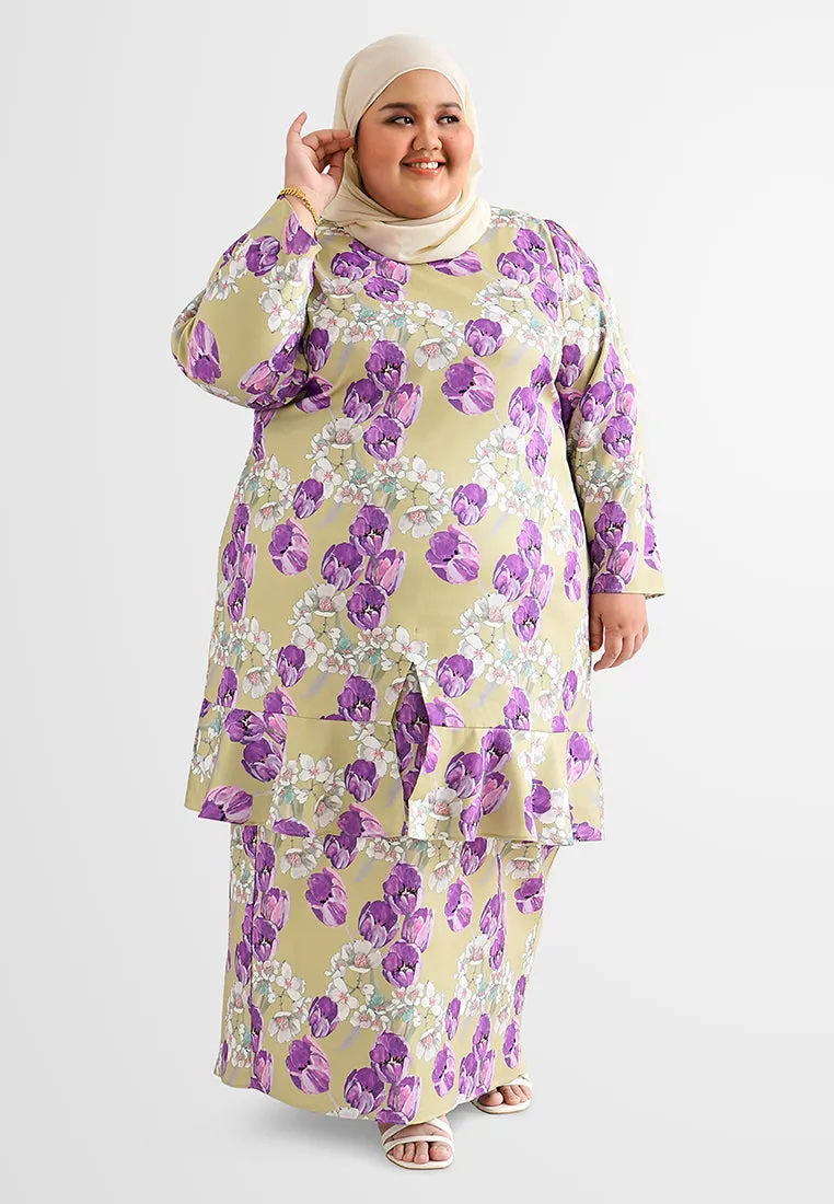 Fazura PETRA Ruffle Hem Sweetheart Long Kurung Set - Green Purple