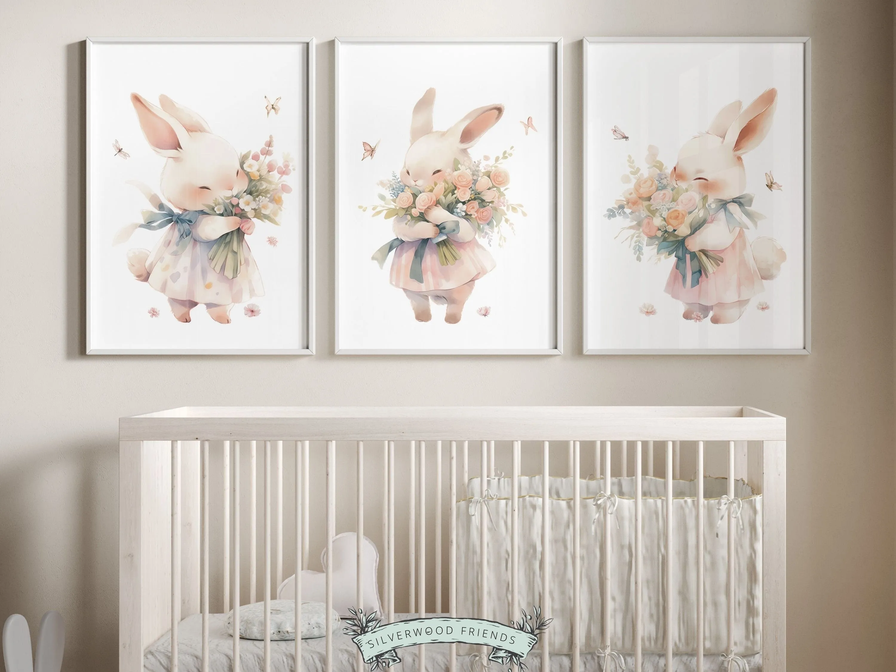 Floral Bunny Nursery Prints - Set 2