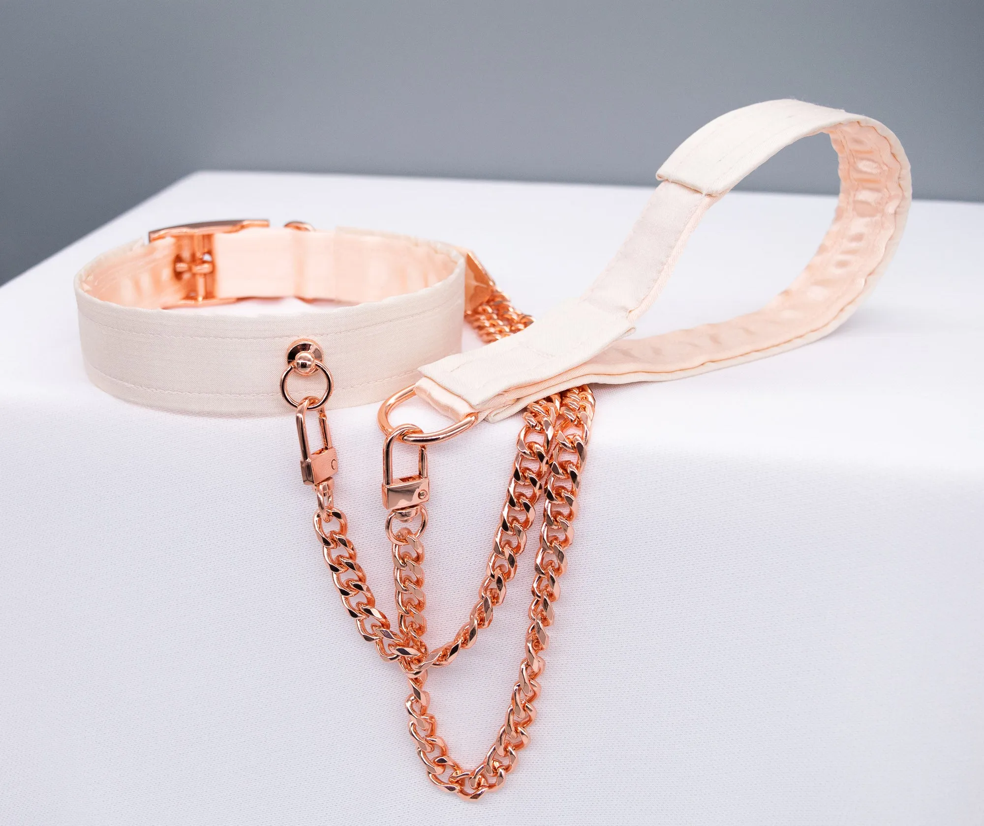 French Raw Silk - Luxury Rose Gold Collar and Leash Set