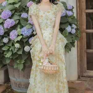 French Vintage Fairy Dress Women Ruffle Irregular Designer Long Floral Dress  Summer Elegant Korean Holiday Victorian Dress